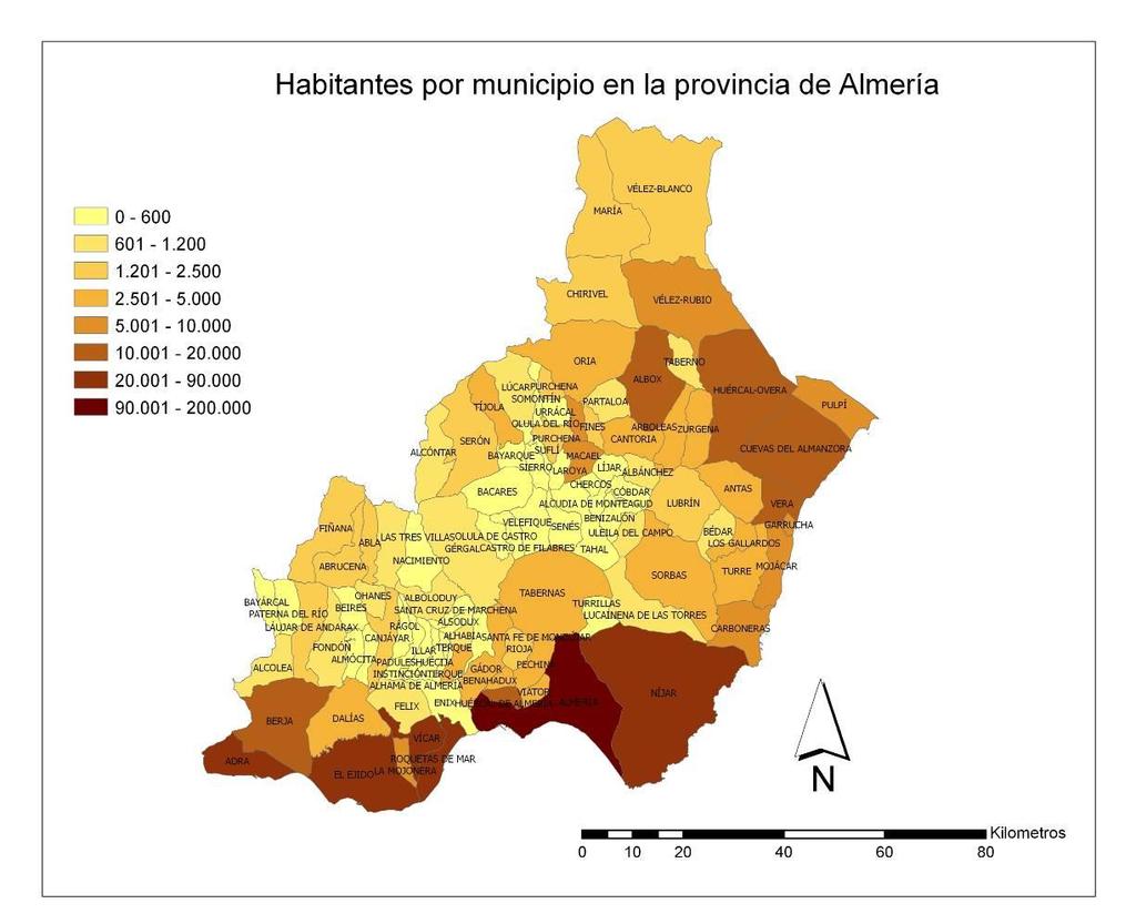 Tabla 2. Distribución de la población de la provincia de Almería por municipios. < 500 Habitantes 32 Municipios 501 1.000 Habitantes 18 Municipios 1.001 2.000 Habitantes 12 Municipios 2.001 5.