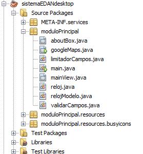 2. MÓDULO DESKTOP 2.1. Estructura de directorios El modulo desktop se ha creado a partir de un proyecto Java Desktop Application de Netbeans, el cual tiene la siguiente estructura: Figura 2.1. Estructura de directorios sistemaedandesktop 2.