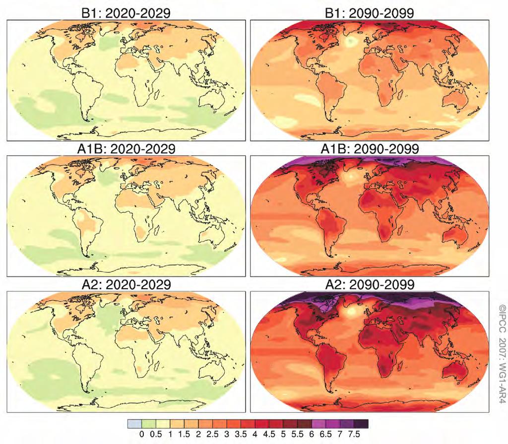 Proyecciones de cambios futuros en el El calentamiento proyectado para el siglo 21 se espera que sea mayor en tierra que