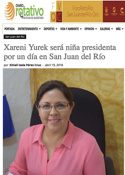 Xareni Yurek será niña presidenta por un día en San Juan del Río QUERÉTARO (19/abr/2018).