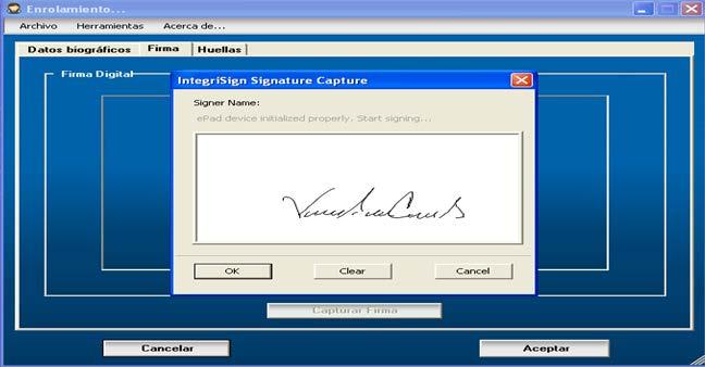 Página: 20 de 31 El usuario del sistema, debe solicitar al ciudadano que se está inscribiendo que registre su firma en el dispositivo de captura de firma y finalizar dando clic al botón.