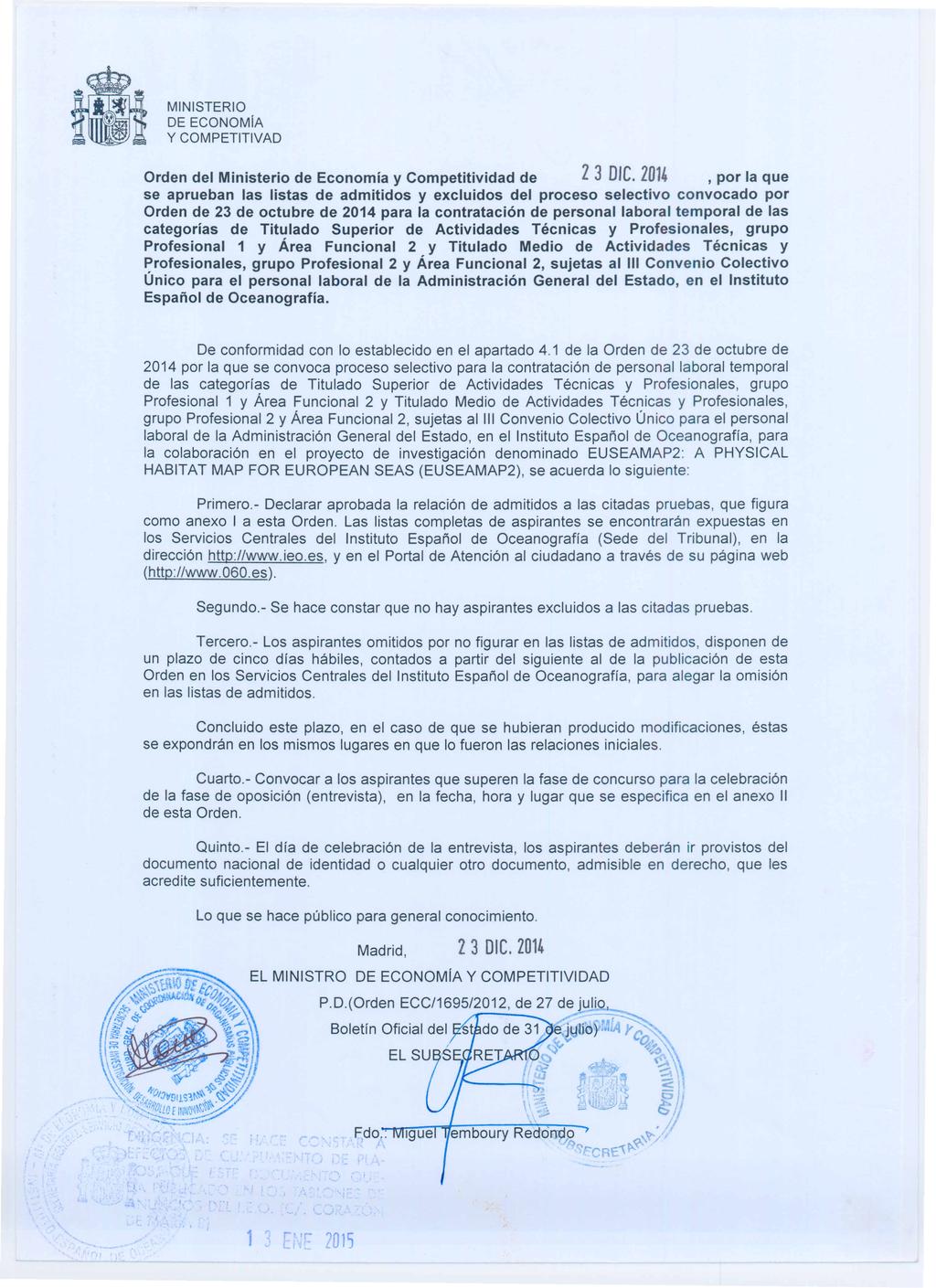 DE ECONOMíA Y COMPETITIVAD Orden del Ministerio de Economía y Competitividad de Z 3 DIC.