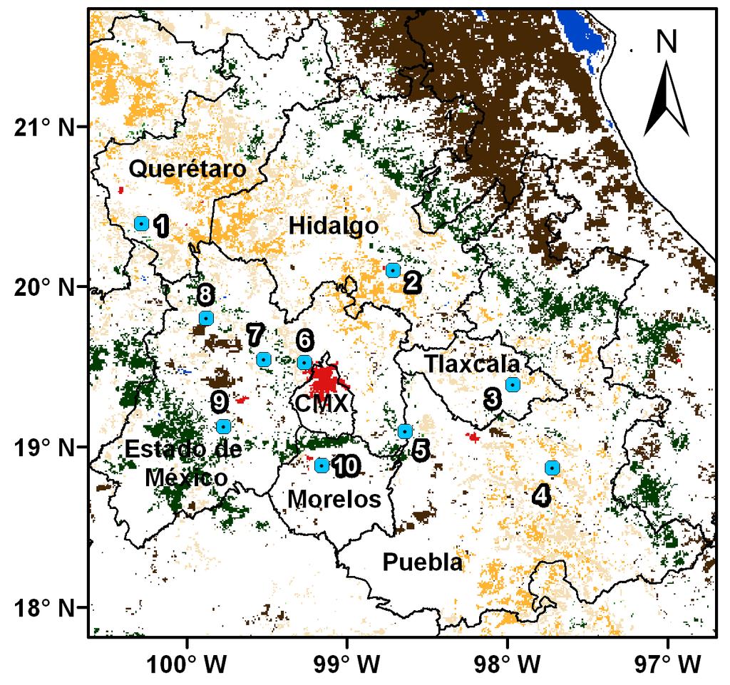 Cambios de LULC en cada Estación Meteorológica Automática USGS1993 NALCMS2005 1 Huimilpan, Qro. Matorral Suelo agricola 2 Pachuca, Hgo.