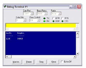 Comprobación y ajustes iniciales Verificando lectura sensores IR Obstáculos: Carga en el editor el programa Test_Sensores_IR_Sumo.bs2 Conecta el cable RS-232 del PC al Micro-Robot.