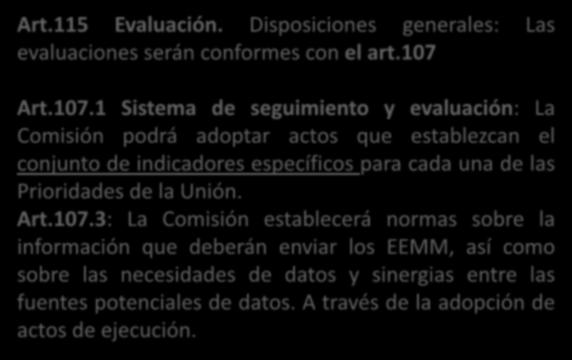 Reglamento del FEMP (UE) 508/2014 Art.115 Evaluación. Disposiciones generales: Las evaluaciones serán conformes con el art.107 