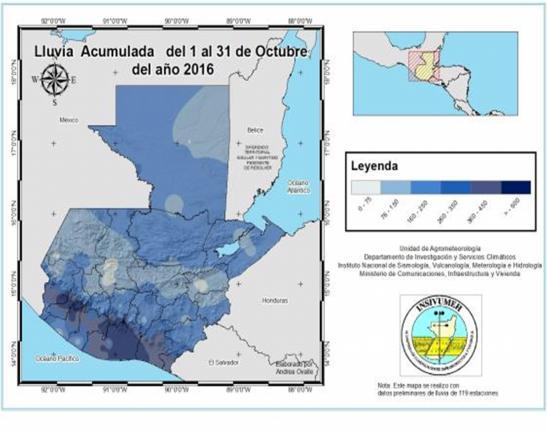 II. CLIMA Y ANÁLISIS DE COICIONES Durante el mes de octubre se presentaron lluvias, Mapa 1: Porcentaje de lluvia de octubre 2016 especialmente en las regiones de Boca Costa, Costa del Pacífico,
