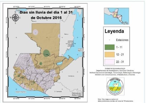 Mapa 2: Días sin lluvia octubre 2016 Mapa 3: Índice de sequía meteorológica octubre 2016 Fuente: INSIVUMEH.