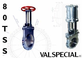 Válvula de Cuchilla VALSPECIAL Serie 80TSS Cuerpo fabricado en acero inoxidable 304 desde 2" hasta 24. Esta válvula es ideal para casi todas las aplicaciones en la industria.