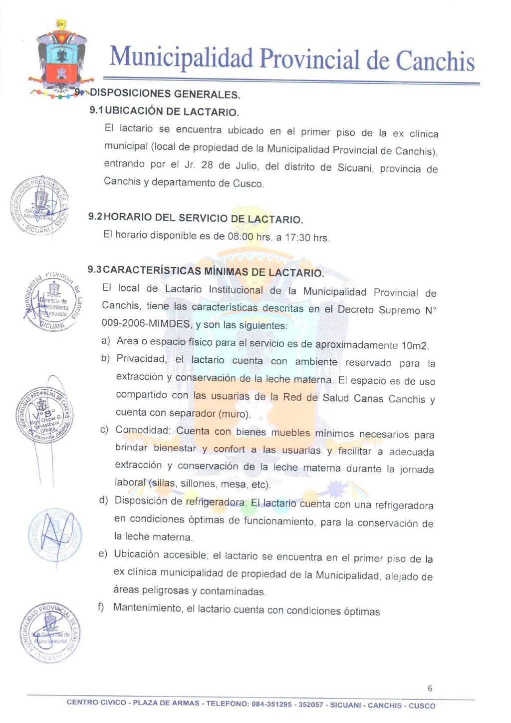 ,;; Municipalidad Provincial de Canchis ISPOSICIONES GENERALES. 9.1 UBICACIÓN DE LACTARIO.