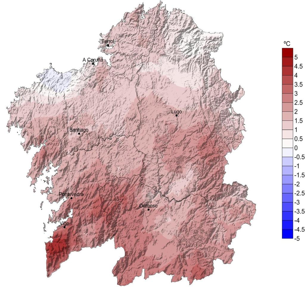 4.3. Anomalía de temperatura media con respecto ao período 1981-2010. A anomalía da temperatura media no conxunto de Galicia neste mes de agosto, tendo en conta a media dos valores do mapa, foi de +1.