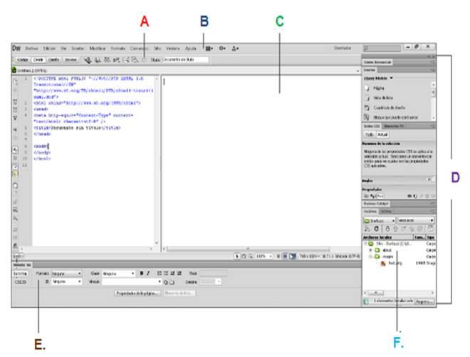 La pantalla que aparece es la del espacio de trabajo, tal como se muestra a continuación: A B C D E A. Barra de herramientas Documento. B. Barra de la aplicación. C. Ventana de documento. D. Grupos de paneles.