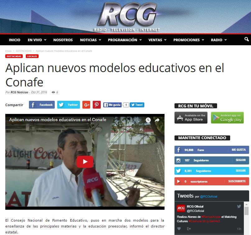 31 de octubre de 2016 Aplican nuevos modelos educativos en el Conafe [video] COAHUILA / El Consejo Nacional de Fomento Educativo puso en marcha dos modelos para la