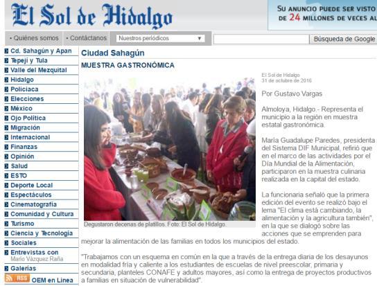 Muestra Gastronómica HIDALGO / María Guadalupe Paredes, presidenta del Sistema DIF Municipal, refirió que en el marco de las actividades por el Día Mundial de la Alimentación, participaron en la