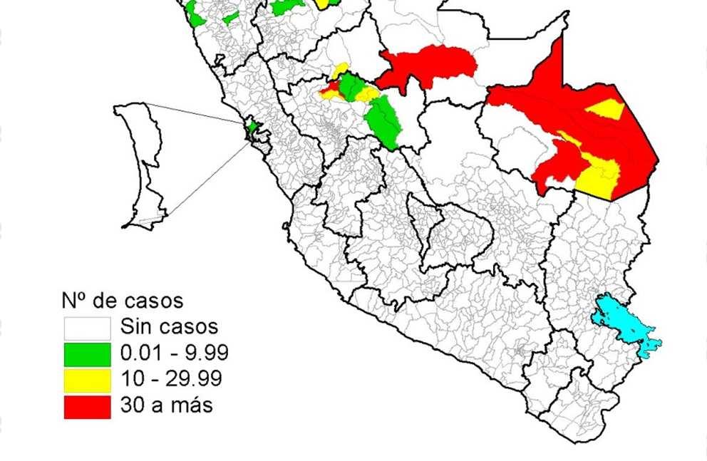 Casos de dengue por departamentos Perú 214* DEPARTAMENTOS Número de casos Confirmados Probables Total Incidencia x 1 % Muertes Mapa de incidencia de dengue por distritos Perú 214* LORETO 139 125 264.