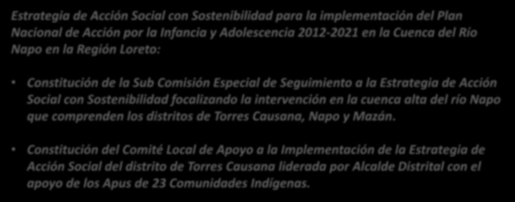 PRODUCTOS Estrategia de Acción Social con Sostenibilidad para la implementación del Plan Nacional de Acción por la Infancia y Adolescencia 2012-2021 en la Cuenca del Río Napo en la Región Loreto: