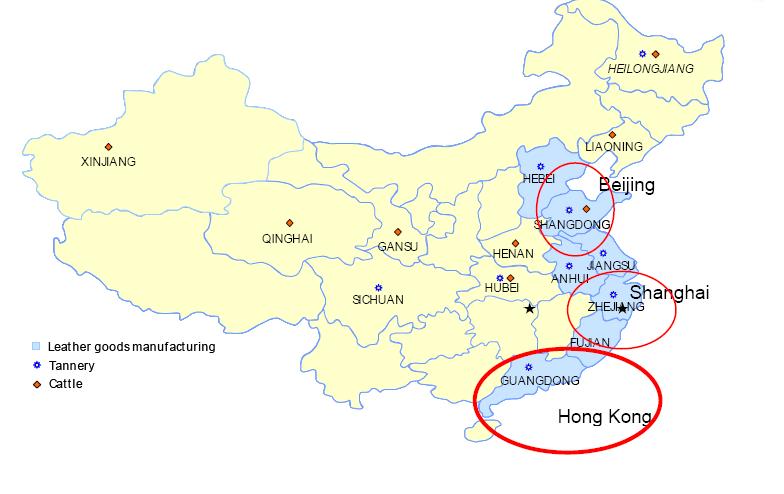 El siguiente mapa destaca los principales centros de producción asociados a la industria de cueros de China, incluyendo lo relativo a la cría de ganado o animales para su posterior explotación, las