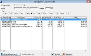 Agregar / ventana Agregando Depreciación Muestra el listado de bienes para los cuales se generará el cálculo de la depreciación.