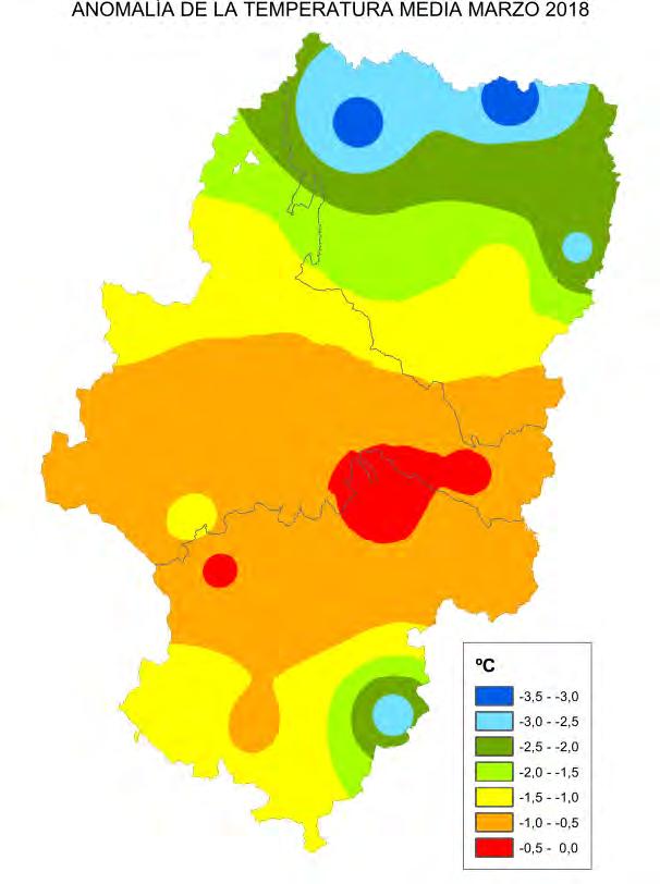 Coyuntura Agraria de Aragón Marzo 2018 1.2.- Temperatura Mapas de temperaturas en Aragón durante el mes de marzo. Datos mensuales globales y anomalía respecto a la media.