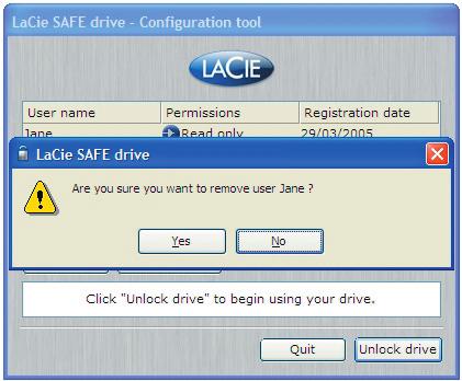 6. Cómo utilizar la unidad LaCie SAFE página 24 6.2.2. Cómo quitar un usuario Fig. 6.2.7 Eliminación de un usuario en Windows 1.