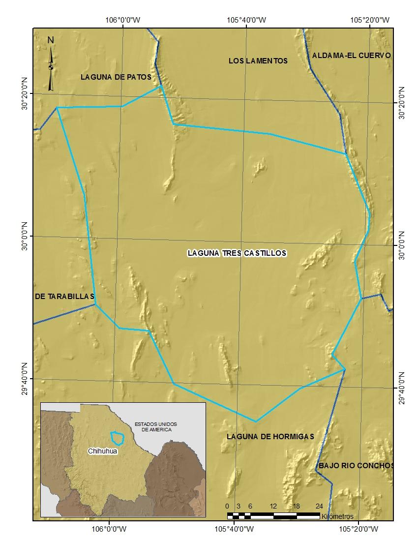 Generalidades El acuífero Laguna Tres Castillos se localiza en la porción norte del estado de Chihuahua y abarca un área de