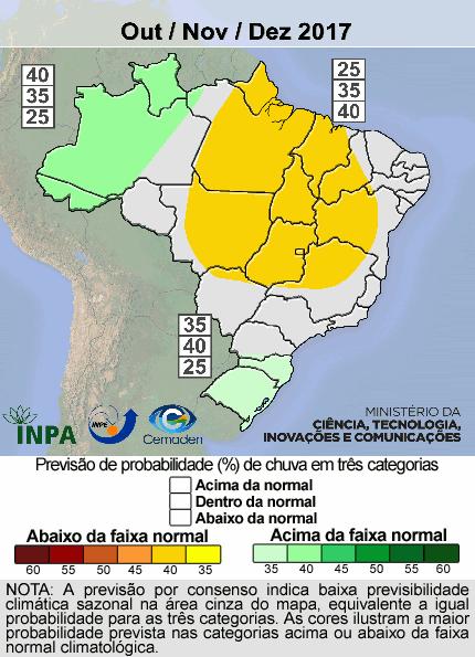 4), para la región Sur se indican lluvias dentro del rango normal con una probabilidad de estar 35% por encima de lo normal, un 40% dentro de lo normal y un 25% debajo de lo normal.