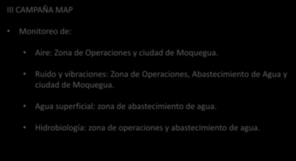 LO AVANZADO III CAMPAÑA MAP Monitoreo de: Aire: Zona de Operaciones y ciudad de Moquegua.