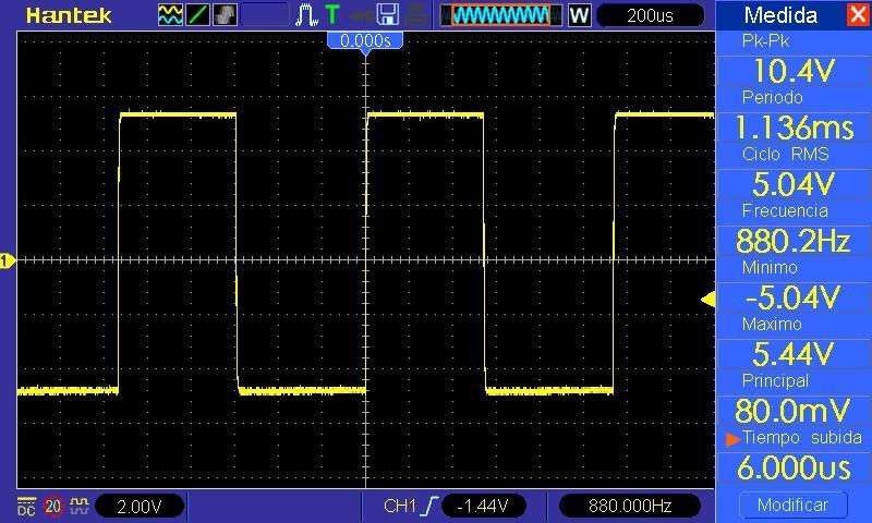 Diseño e implementación de un sintetizador de audio modular basado en síntesis substractiva Figura 69 - Señal de salida del VCO a 880Hz En la figura 70 podemos observar la señal de salida, en este