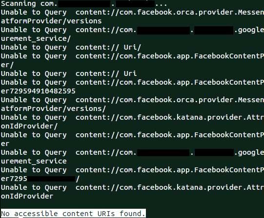 116 proveedor de contenido identificado (FacebookContentProvider), cuenta con los permisos de lectura y escritura con el valor de null.