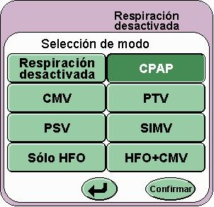 20.3 Configuración de CPAP Paso 1. En el panel Selección de modo seleccione CPAP. Paso 2. Parámetros por defecto en el modo vista previa: Ti...0,4 seg. (para respiraciones manuales) CPAP...2 mbar PIP.