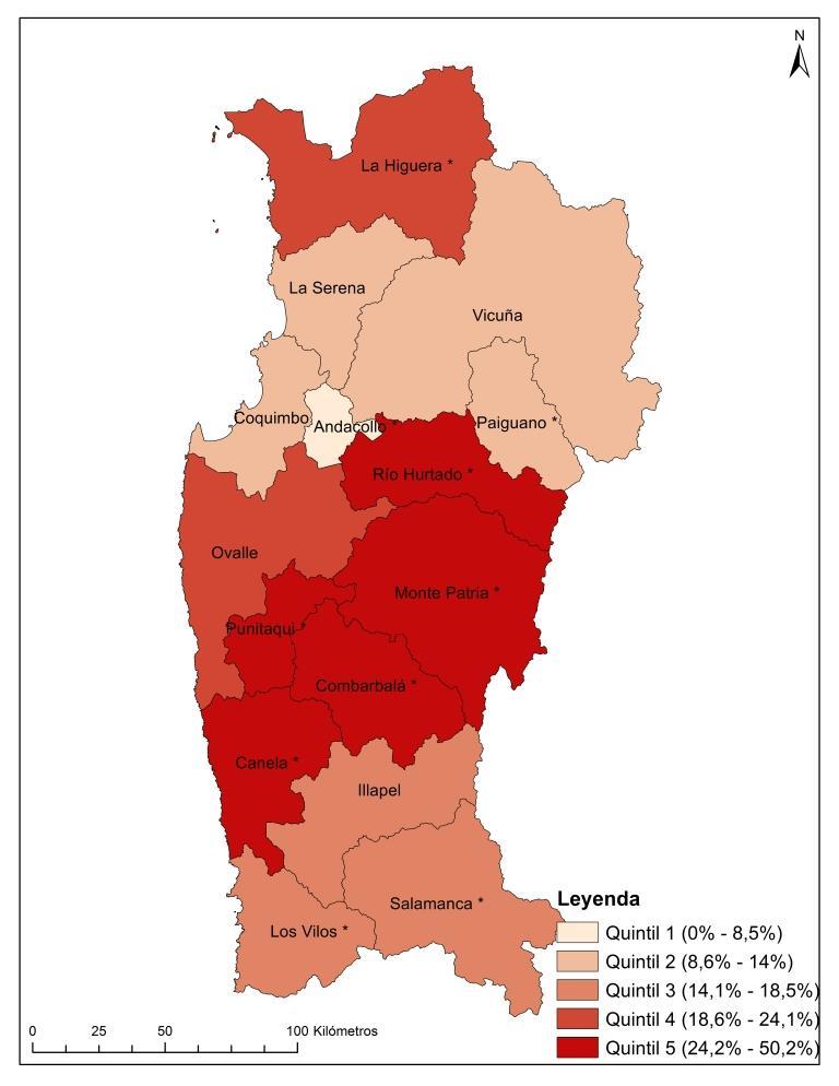 Porcentaje de población en situación de Pobreza por Ingresos en comunas de la Región de Coquimbo (2015) Porcentaje de población en situación de Pobreza Multidimensional en comunas de la Región de
