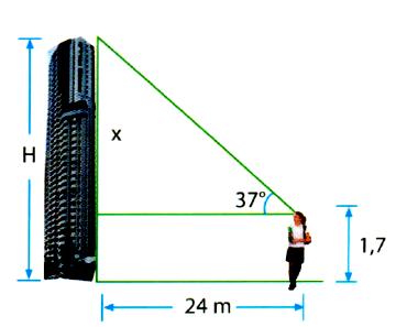 18.- Una persona de 1,7 m de estatura, divisa la altura de un edificio con un ángulo de elevación de 37".