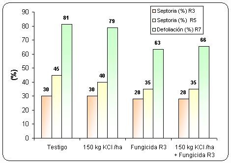 R3, en cambio en el estadio R5 la severidad fue levemente menor en el tratamiento 2 y en los tratamientos con aplicación de fungicida la severidad fue un 10 % menor que el Testigo.