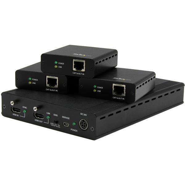 Juego Extensor HDBaseT de 3 Puertos HDMI por Cable Cat5 con 3 Receptores - Hasta 4K Product ID: ST124HDBT Este kit extensor HDBaseT de 3 puertos le permite extender la señal de una fuente HDMI a tres