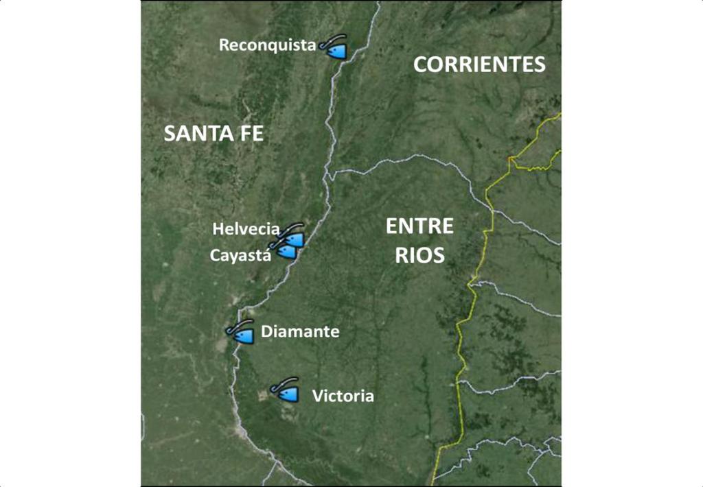 Figura 1- Fotografía satelital mostrando la ubicación de los sitios de muestreo históricos sobre el río Paraná.
