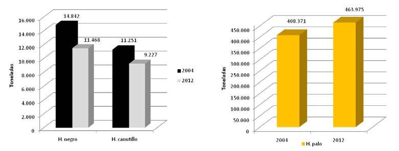 Figura 11. Biomasa total (ton) estimada para los recursos algas pardas en la III Región de Atacama, en EVADIR 2004 y 2012.