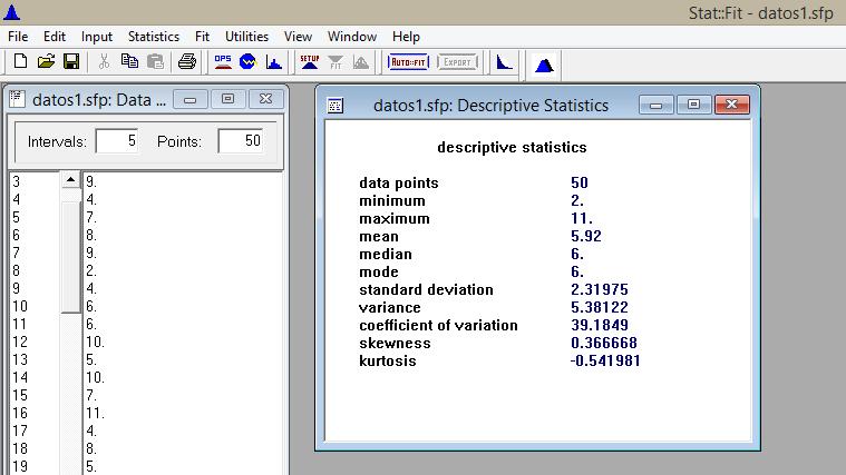 Copie los datos del grupo 1 de la hoja de Excel y páselos a Stat::Fit usando el menú: Edit->Paste. c. Guarde el archivo en formato de Stat::Fil en su USB. d. Obtenga las estadísticas de los datos con la opción del menú: Statistics-> Descriptive.