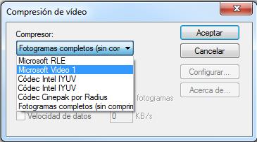 Por último tenemos el formato: Si elegimos Microsoft Video 1 nos ocupa menos espacio que las otras alternativas.