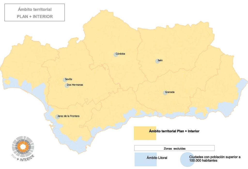 6 Ámbito territorial del Plan En el ámbito de actuación del Plan, quedan incluidos todos los municipios del interior de Andalucía, a excepción de las grandes ciudades mayores de 100.