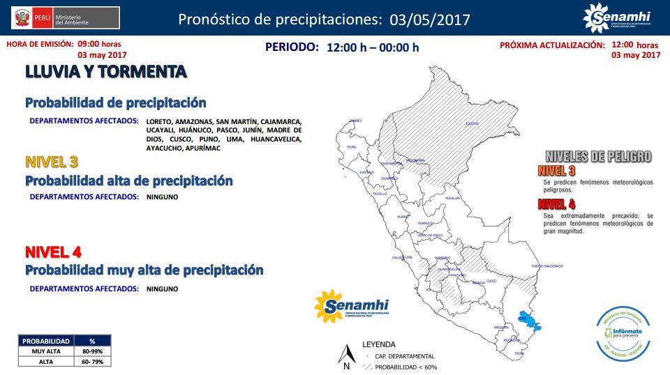 Entre las 4:00 pm y la medianoche se espera lluvia ligera en los departamentos de Lima (sierra), Junín, Huancavelica, Ayacucho y Apurímac.