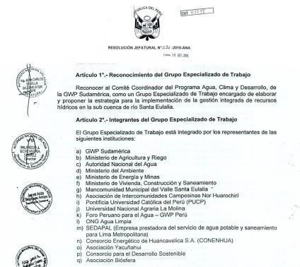 Resultados Preliminares Reconocimiento de Comité de Coordinación por la Autoridad Nacional del Agua del Perú Fortalecimiento de la Institucionalidad del PACyD Un