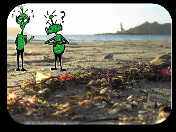Los extraterrestres van a la playa a conocer la basura pequeña... Qué son estas pequeñas bolitas junto a la basura? En la computadora dice micro microplásticos! Kontzi-Ku?
