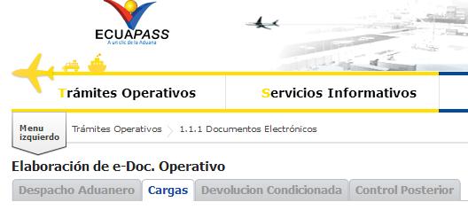 3. De clic en la pestaña Cargas ubicada en el submenú Elaboración de e-doc. Operativo. 3.4.