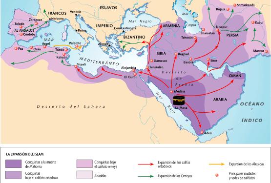 Control de la orilla sur del Mediterráneo hasta la península Ibérica y toda la zona de Oriente Próximo hasta el río Indo