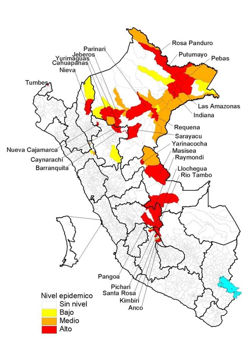 Malaria, distritos en zona epidémica, Perú SE 04-06, Criterios en base a 3 últimas SE: Nivel bajo: