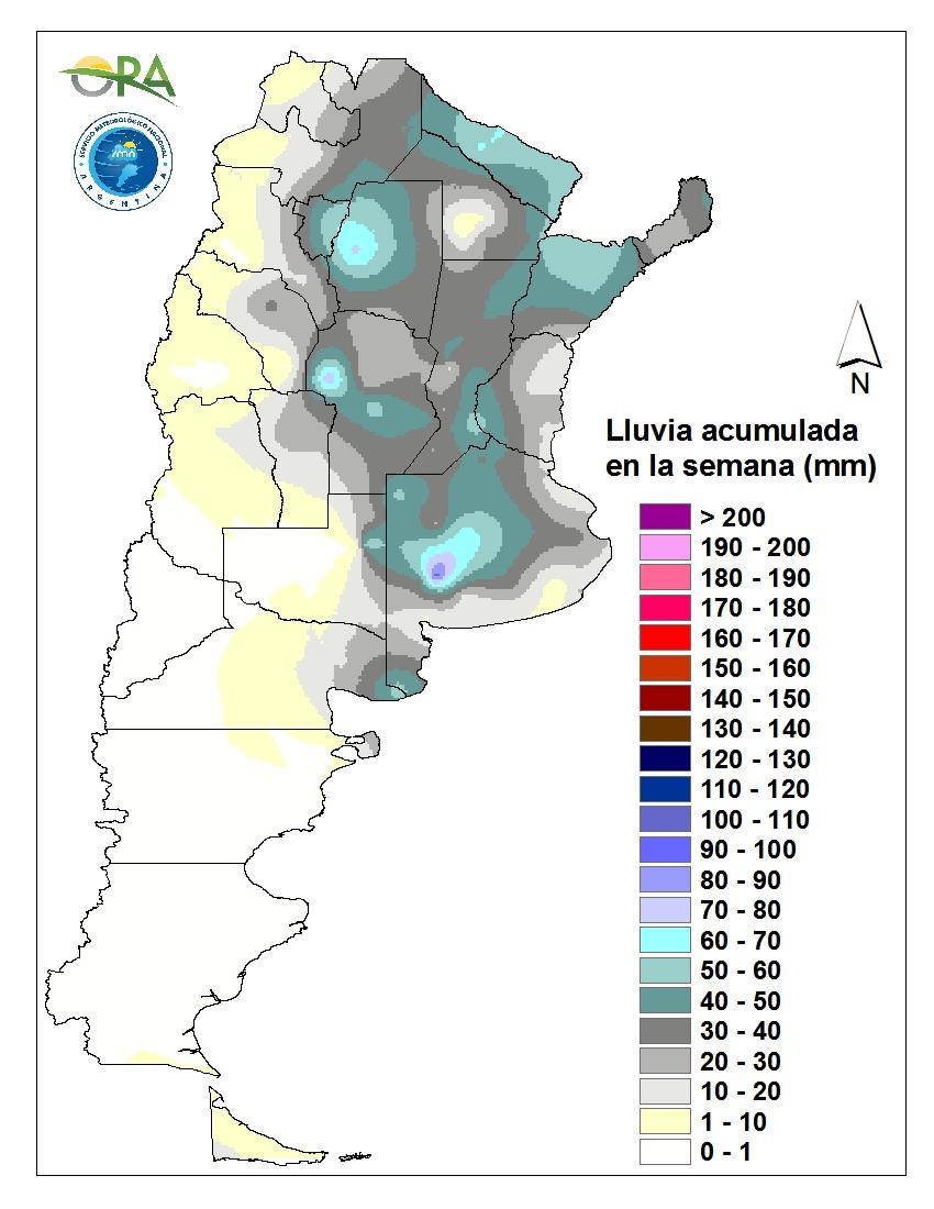 Los máximos corresponden al centro-sudoeste de la provincia de Buenos Aires (zona de La Ventana), pero también se registraron varios valores aislados de más de 50 milímetros en toda el área
