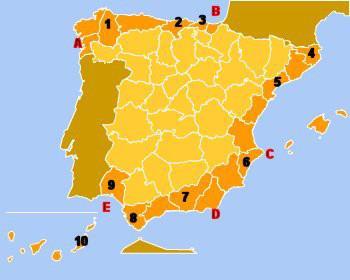 PRACTICA 7- LAS COSTAS ESPAÑOLAS En la figura siguiente se representa un mapa con las regiones costeras españolas.