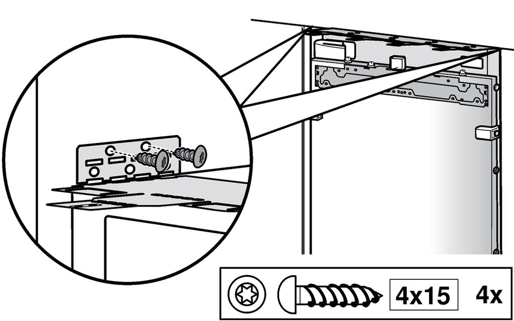 Atornillar los puentecillos delanteros de las placas de sujeción (parte superior) a los armarios superiores. 2.