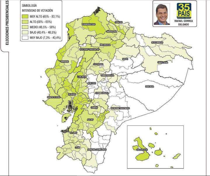 En función de estos resultados, el mapa de distribución electoral en 2013 mostraba ya una tendencia a concentrar el voto en la costa del Ecuador.