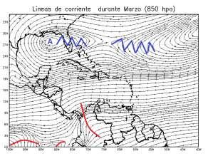 En 85 hpa se visualiza un gran anticiclón en el océano Atlántico, y los