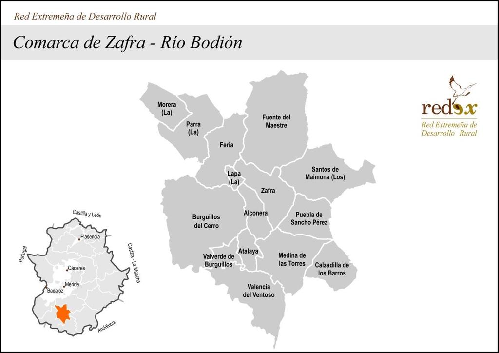 2. Relación de términos municipales y entidades locales incluidas. La superficie de la Comarca de Zafra Río Bodíón es de 1.